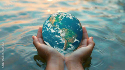 persons hands holding the earth in the water, concept of connection to nature, global unity and caring the world