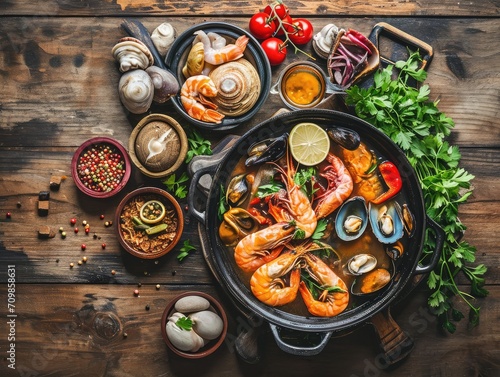 Seafood hotpot served on the wooden table. photo