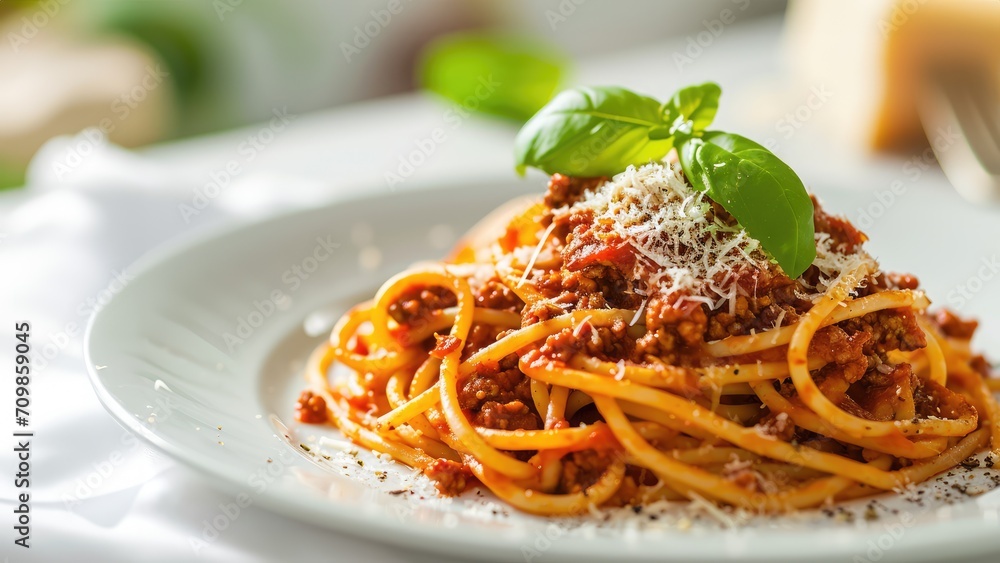 Spaghetti bolognese served in the white plate on the white table Spaghetti bolognese served in the white plate on the white table