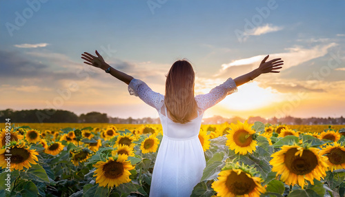 Carefree Happy beautiful young woman in white dress opened arms up in air and looking at sunset in a large field of sunflowers, Freedom concept, Enjoyment, Summer time photo