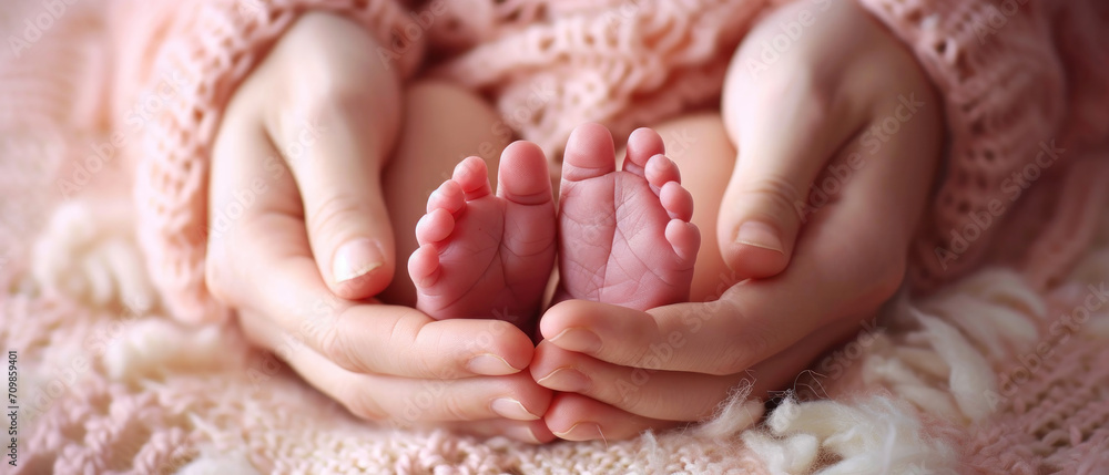 newborn feet in woman's  hands, motherhood and parenting concept, family and relationships - obrazy, fototapety, plakaty 