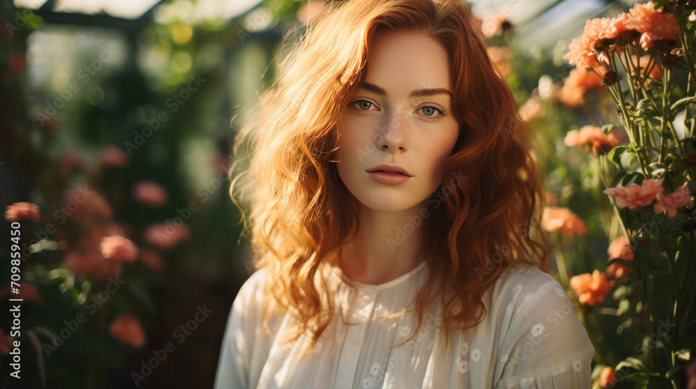 Fashion portrait of a red hair woman as model in the garden Fashion portrait of a red hair woman as model in the garden