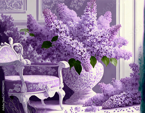 Charming lilac pattern escape. Lilac prints, gentle purples. Vintage-inspired furniture, delicate details. A quaint and charming space inspired by the delicate beauty of lilacs.
