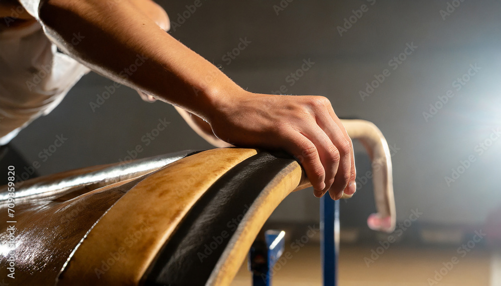 Obraz premium Close up hand of male gymnast on pommel horse