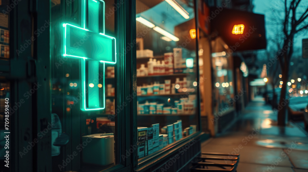 Pharmacy with a glowing neon cross sign in an urban setting, showcasing the pharmacy's exterior with shelves of products visible through the window.