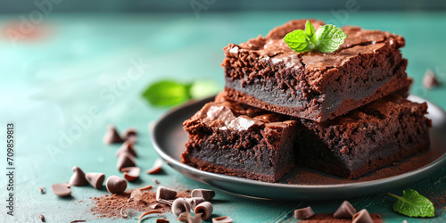 Mint Chocolate Brownies. Rich chocolate brownies with creme de menthe, garnished with fresh mint leaves on blue kitchen background with copy space. photo