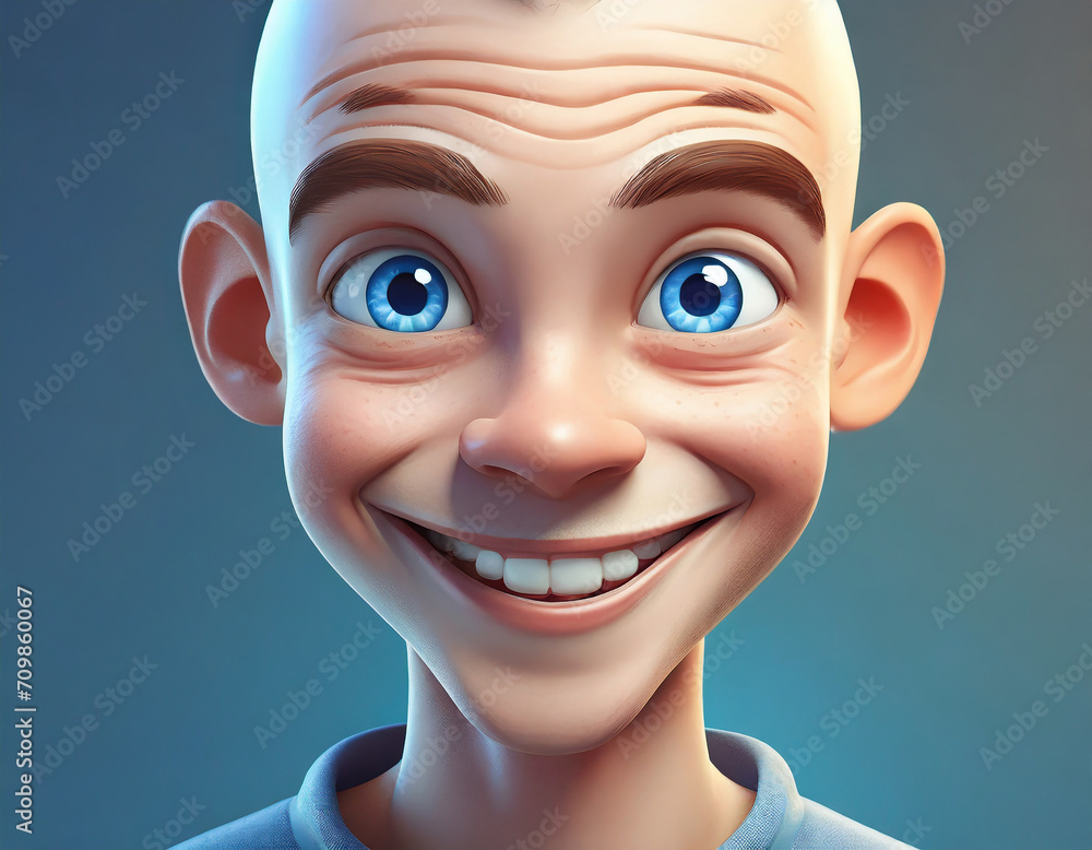 Close-up portrait of handsome cute smiling young bald cartoon guy with big blue eyes, torso. Concept of teenage health, cosmetic care for problem skin. 3d Close-up portrait of handsome cute smiling young bald cartoon guy with big blue eyes, torso. Concept of teenage health, cosmetic care for problem skin. 3d