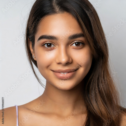 Close-up portrait of beautiful young girl with smooth, healthy, well-kept skin, brown eyes standing against white background. Concept of natural female beauty, skin care, cosmetology