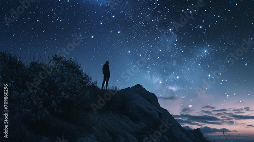 the silhouette of a man standing on a hill in the evening and looking at the incredible cloudless starry sky