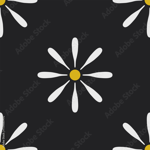 White flower on black background, seamless pattern