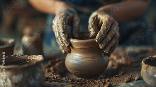 potter's hands sculpting a pot from clay, the pot spins on a special device