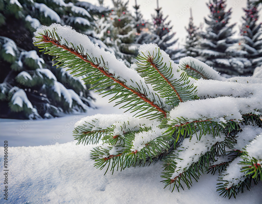 Fir branch on snow