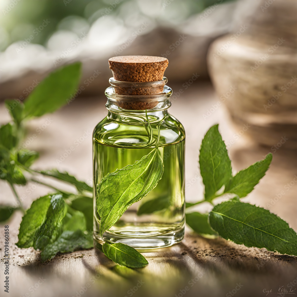 Natural essential oils with plants background Natural essential oils with plants background