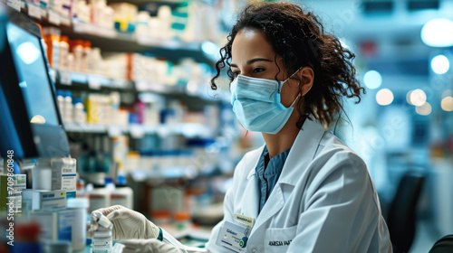 Female pharmacist wearing a surgical mask and a white lab coat is working on a computer with shelves of medications in the background.