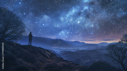 the silhouette of a man standing on a hill in the evening and looking at the incredible cloudless starry sky