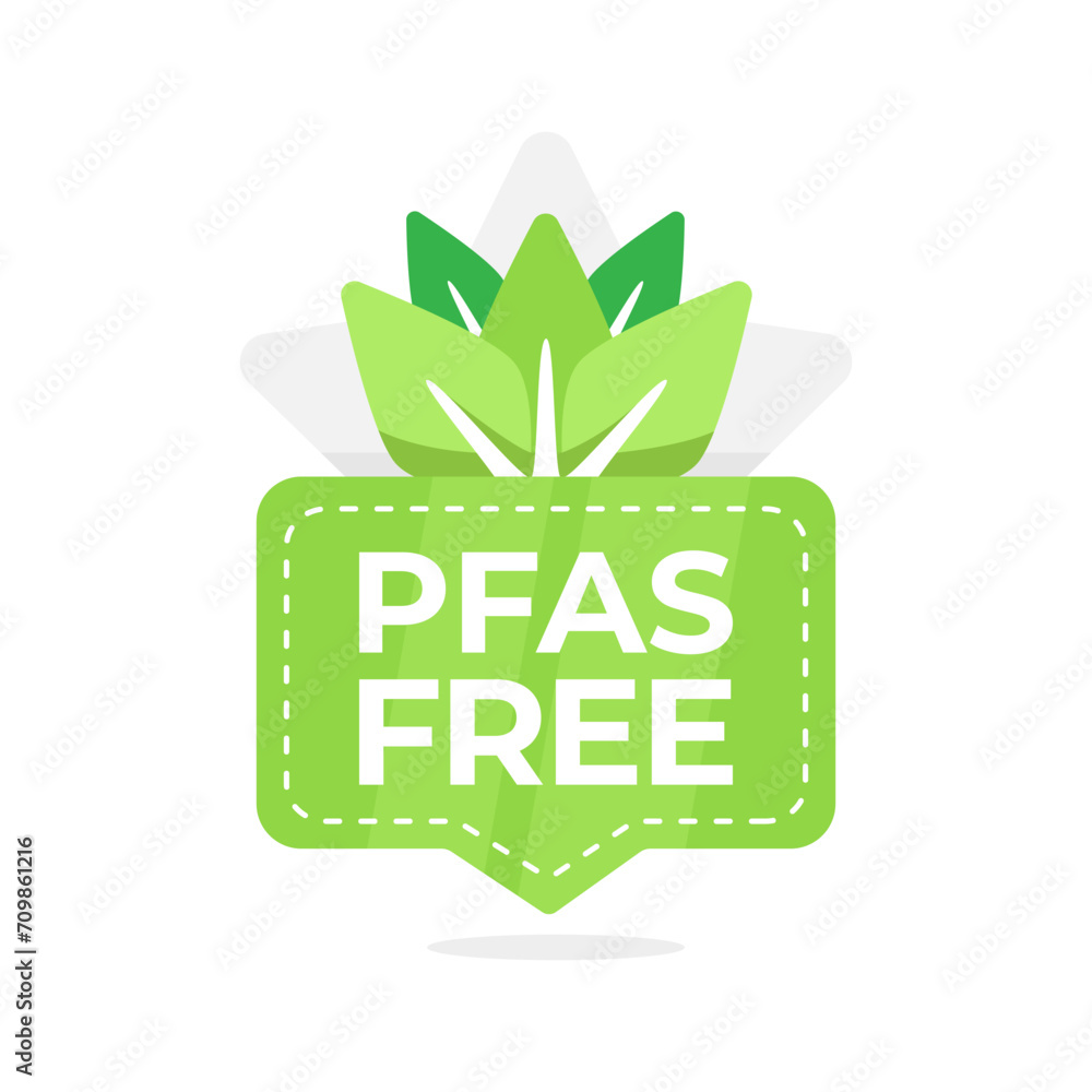 Eco-friendly green badge with PFAS Free text and leaf design, ideal for product labels, packaging, and advertising materials emphasizing health and safety Eco-friendly green badge with PFAS Free text and leaf design, ideal for product labels, packaging, and advertising materials emphasizing health and safety