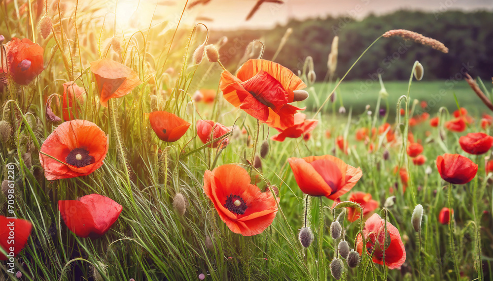 Obraz premium floral background_ red poppies and green grass with evening sunlight
