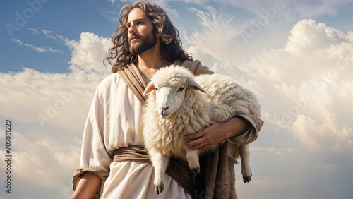 Jesus Christ holding a lost sheep, carrying a sheep in his arms, christianity, religion and faith concept photo