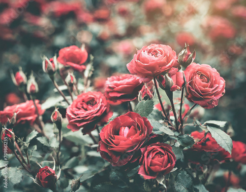 floral background_ red roses in garden  selective focus_ toning photo