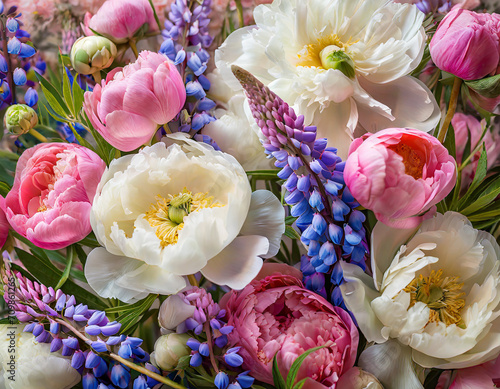 floral background_ white and pink peonies, poppies and lupines_ close-up #709861265