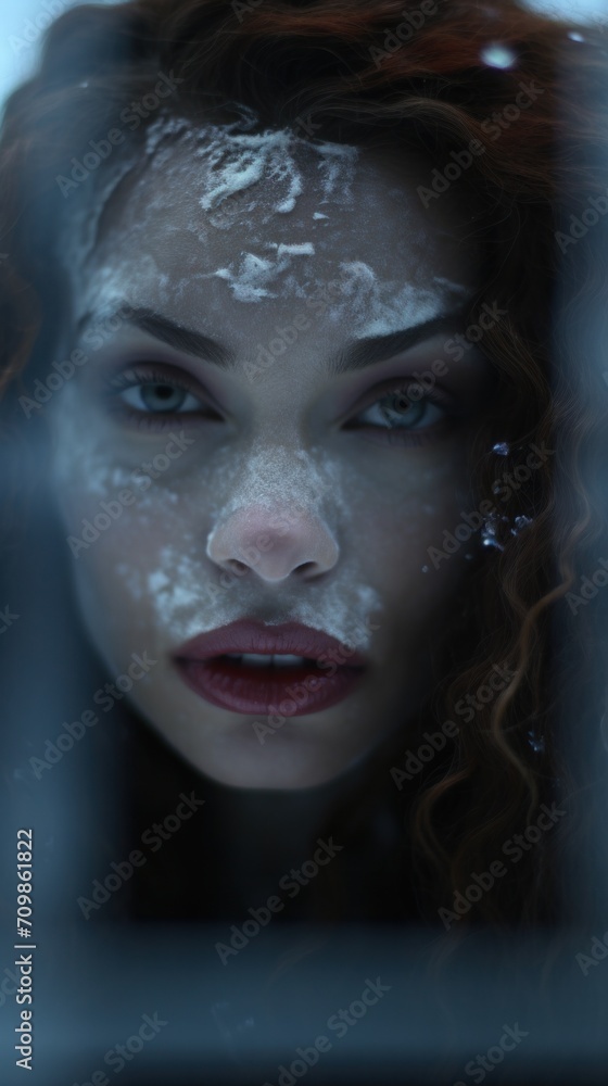 A close up of a woman with snow on her face A close up of a woman with snow on her face