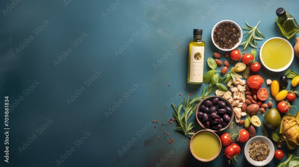 A table topped with bowls of food and a bottle of olive oil A table topped with bowls of food and a bottle of olive oil