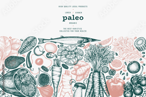 Paleo Diet Design Template. Vector Hand Drawn Healthy Food Banner. Vintage Style Menu Illustration.