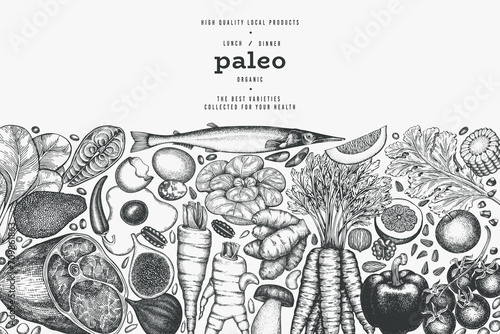Paleo Diet Design Template. Vector Hand Drawn Healthy Food Banner. Vintage Style Menu Illustration.