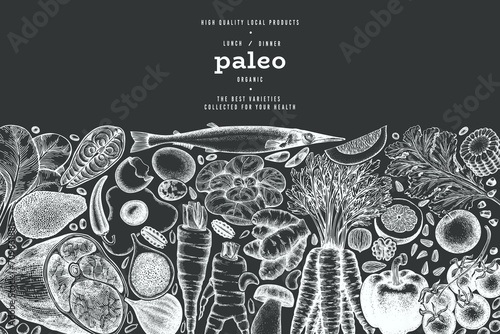 Paleo Diet Chalk Board Design Template. Vector Hand Drawn Healthy Food Banner. Vintage Style Menu Illustration.
