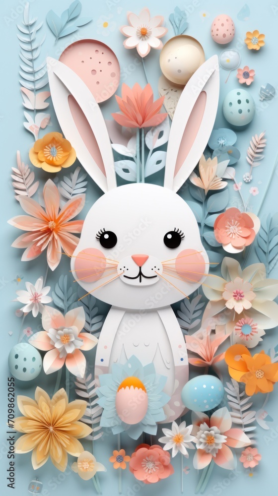 A paper cut bunny surrounded by flowers and eggs