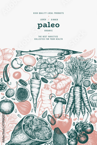 Paleo Diet Design Template. Vector Hand Drawn Healthy Food Banner. Vintage Style Menu Illustration.