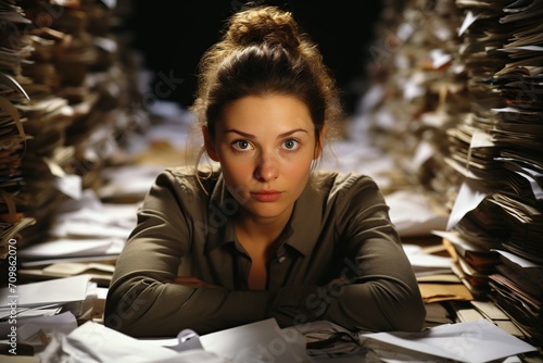 Procrastination concept with woman sitting between books, Avoid postponing important tasks photo