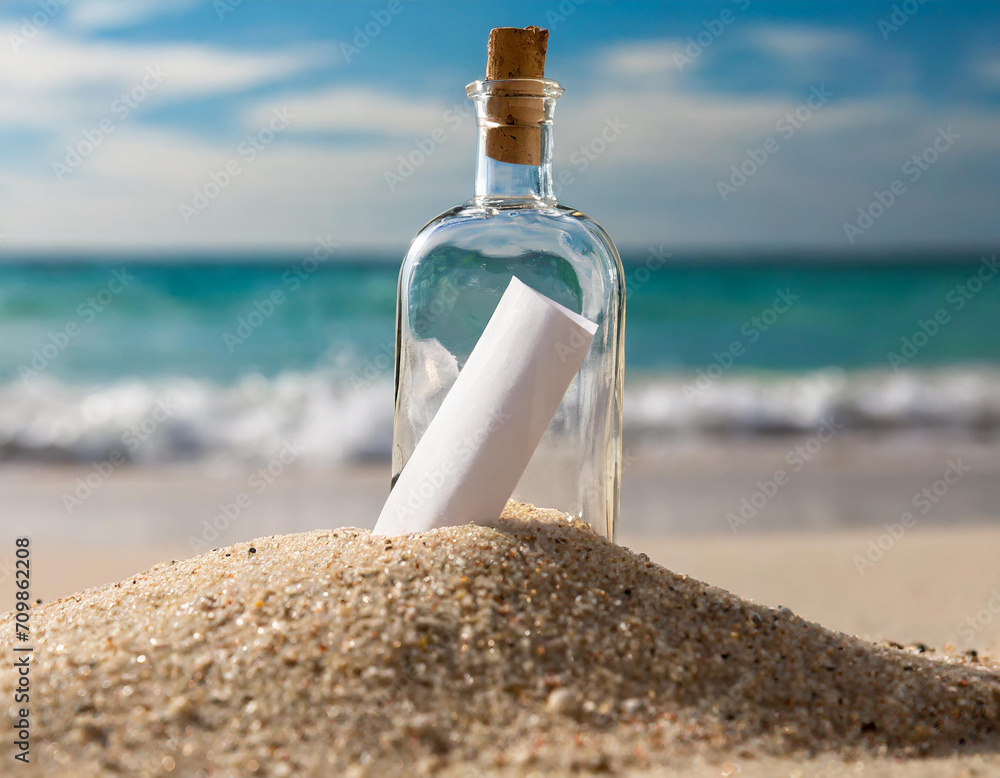 Fototapeta premium Message in a bottle standing on the beach sand