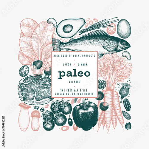 Paleo Diet Design Template. Vector Hand Drawn Healthy Food Banner. Vintage Style Menu Illustration.