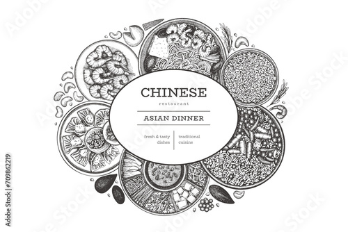Chinese Cuisine Design Template. Vector Hand Drawn Asian Food Banner. Vintage Style Menu Illustration.