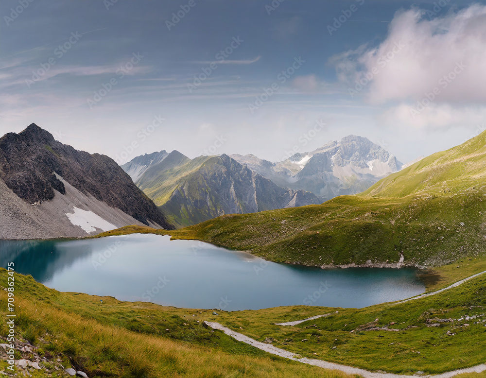 Minimalist alpine panorama with lake and mountain ridge under sky
