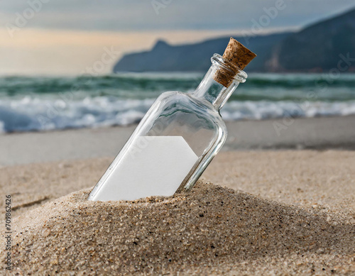 Message in a bottle standing on the beach sand