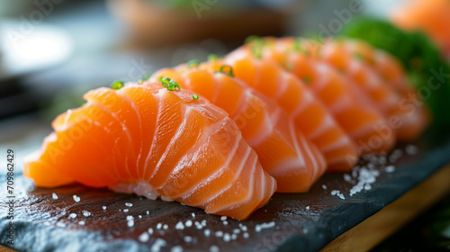 Salmon Sashimi in Japanese buffet restaurant menu. Fresh Sashimi fillet on black plate salmon slices.Asian Food Menu. Seafood sashimi. focus on salmon sliced on ice. Supermarket.