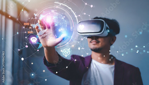 Metaverse and Future digital technology.Man wearing VR glasses hand touching virtual Global Internet connection metaverse.Global Business, Digital marketing, Metaverse, Digital link tech