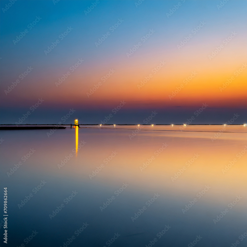 Minimalist landscape in colorful light and reflecion from the sea