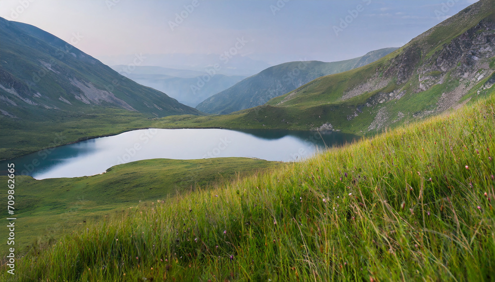 Minimalist landscape of a mountain lake among long green grass
