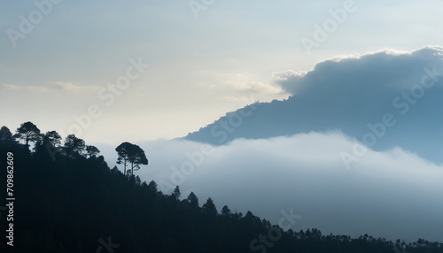 Minimalist Cloud Background and silhouette tree and trees on mountain © richard