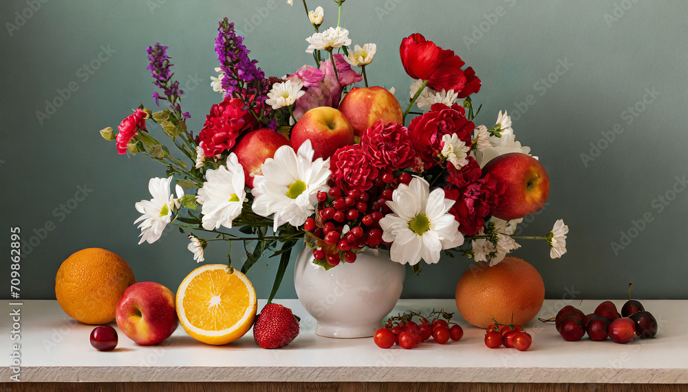 Minimalist still life with a bouquet of flowers and fruit