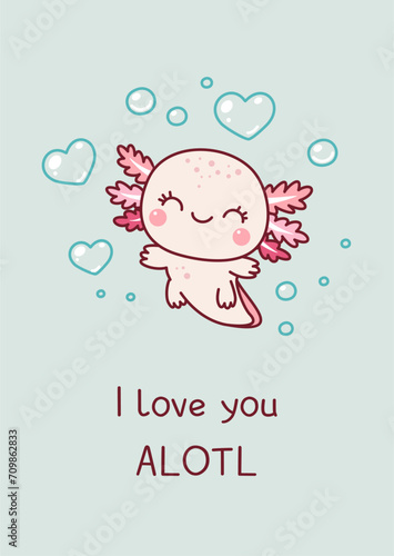 Valentine. Cute axolotl among the bubbles of hearts. Valentine's day. Kawaii style. Doodle.
