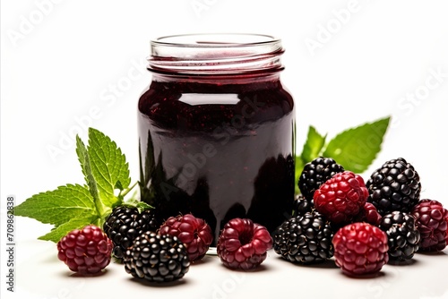 Delicious blackberry jam in glass jar, white background with text space and creative designs
