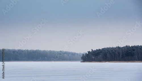Minimalist scenery with frozen lake and forest on the horizon