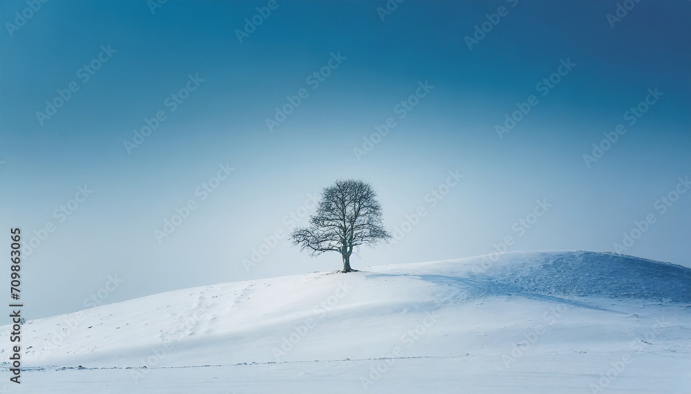 Minimalist winter scenery with a lonely tree on a hill