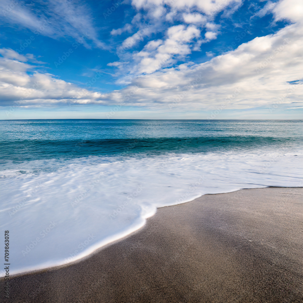 Fototapeta premium Minimalist seascape, white wave and blue sky with fluffy clouds