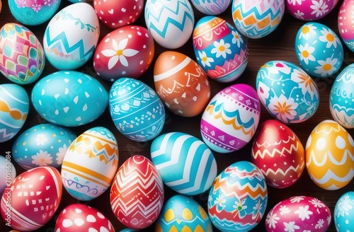 Pattern with multi-colored eggs, top view. Concept Easter eggs, confectioner, search photo