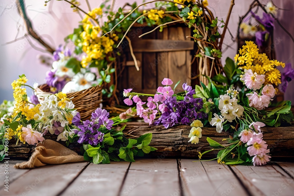 Fototapeta premium spring set up with colourful flowers pink , vintage wood parquet.